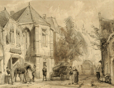 26185 Gezicht in de Kapellestraat te Oudewater met links de Ursulakapel en op de achtergrond de contouren van het stadhuis.